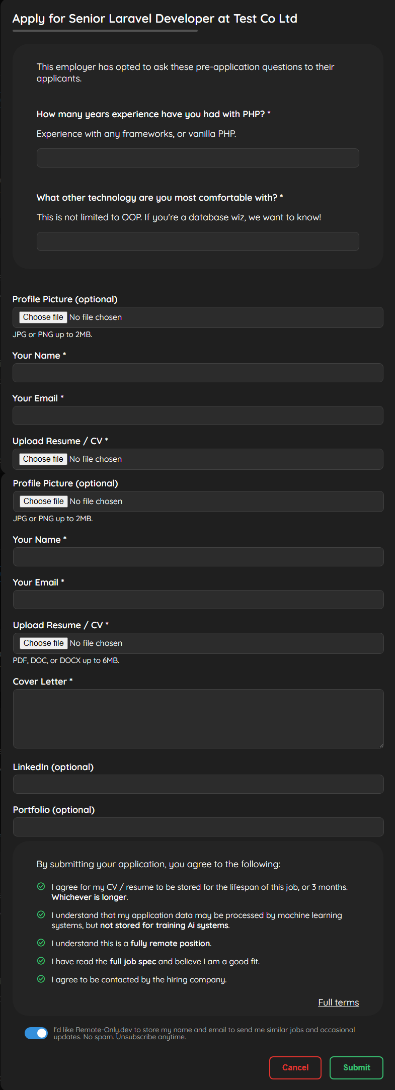 Job Application screen for Remote-Only.dev