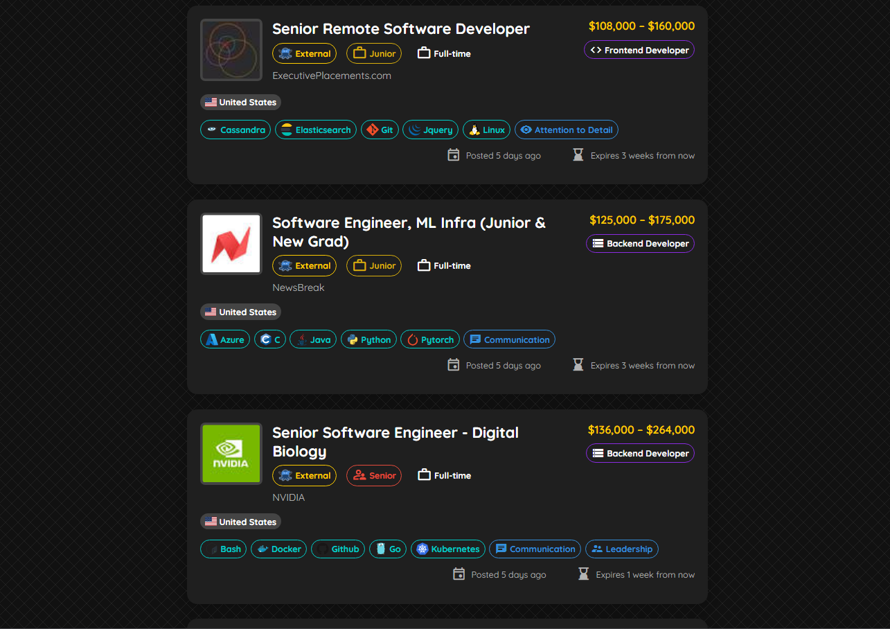 Job Listings screen for Remote-Only.dev